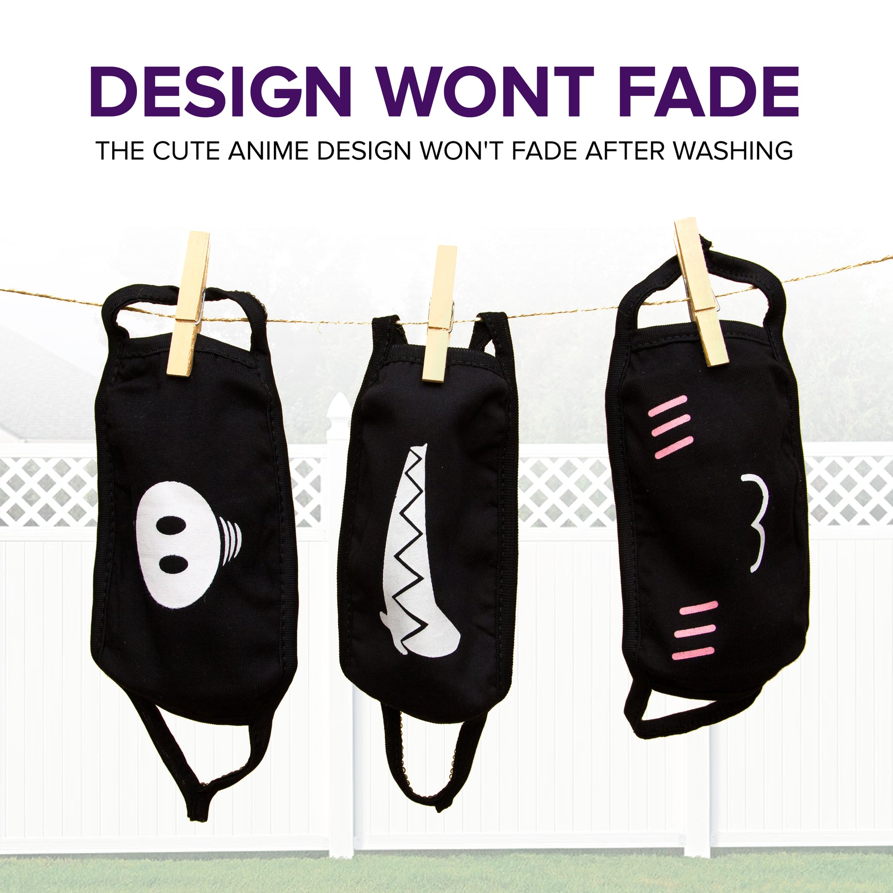 Face Masks (10 Pack) Black Cotton Mask - Adult Cute Anime Design - Cool Anti Dust Face Covering