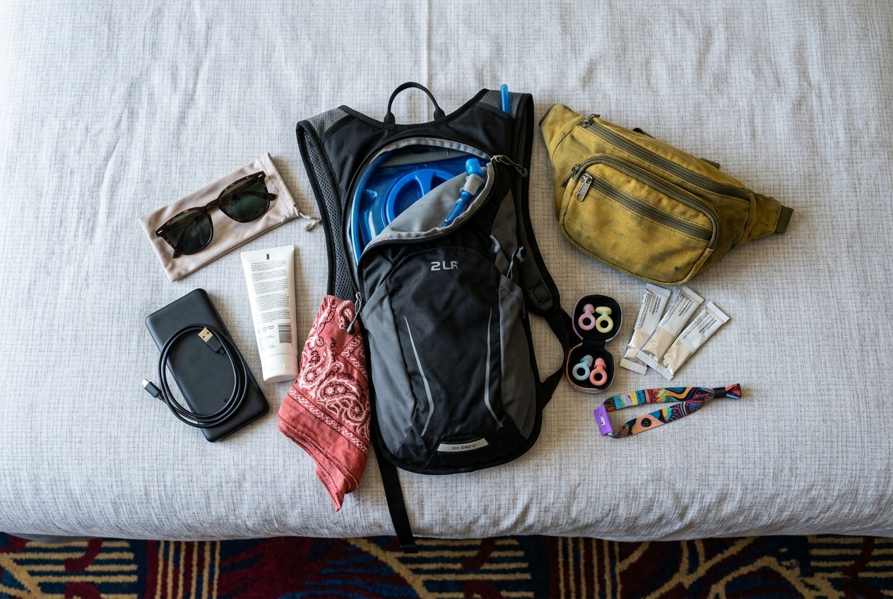 Overhead flat-lay on a hotel bed of an actual EDC packing pile: 2L hydration pack unzipped showing the bladder, fanny pack, L...
