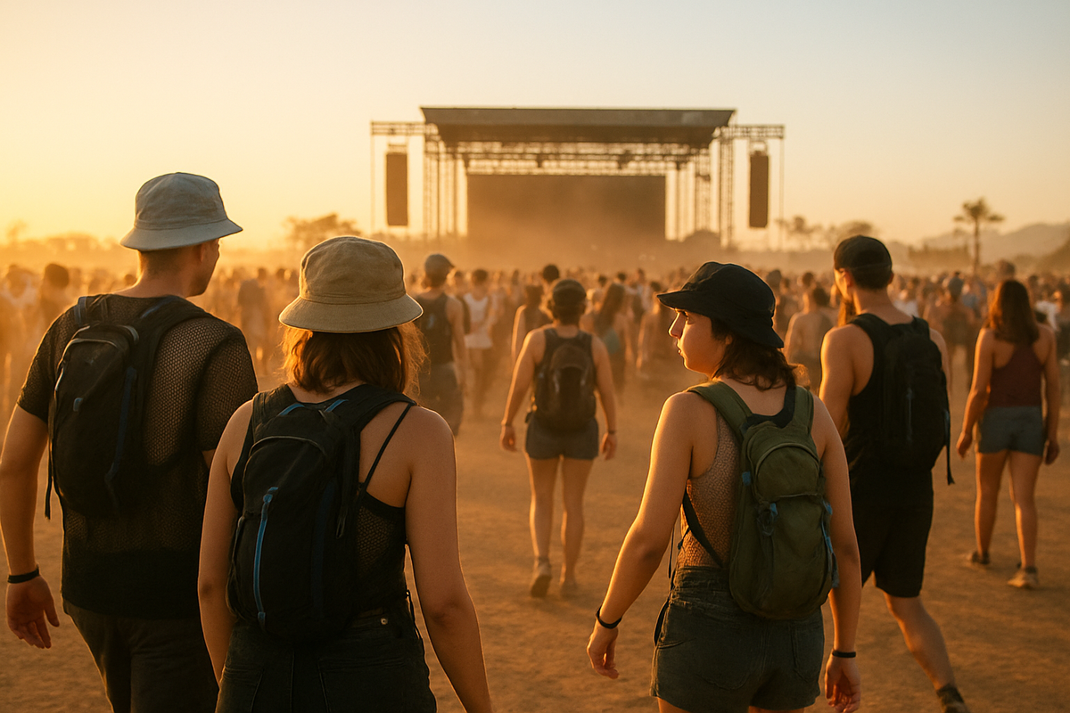 Wide shot of a desert festival crowd at golden hour with heat haze over the ground, ravers in mesh tops and bucket hats weari...