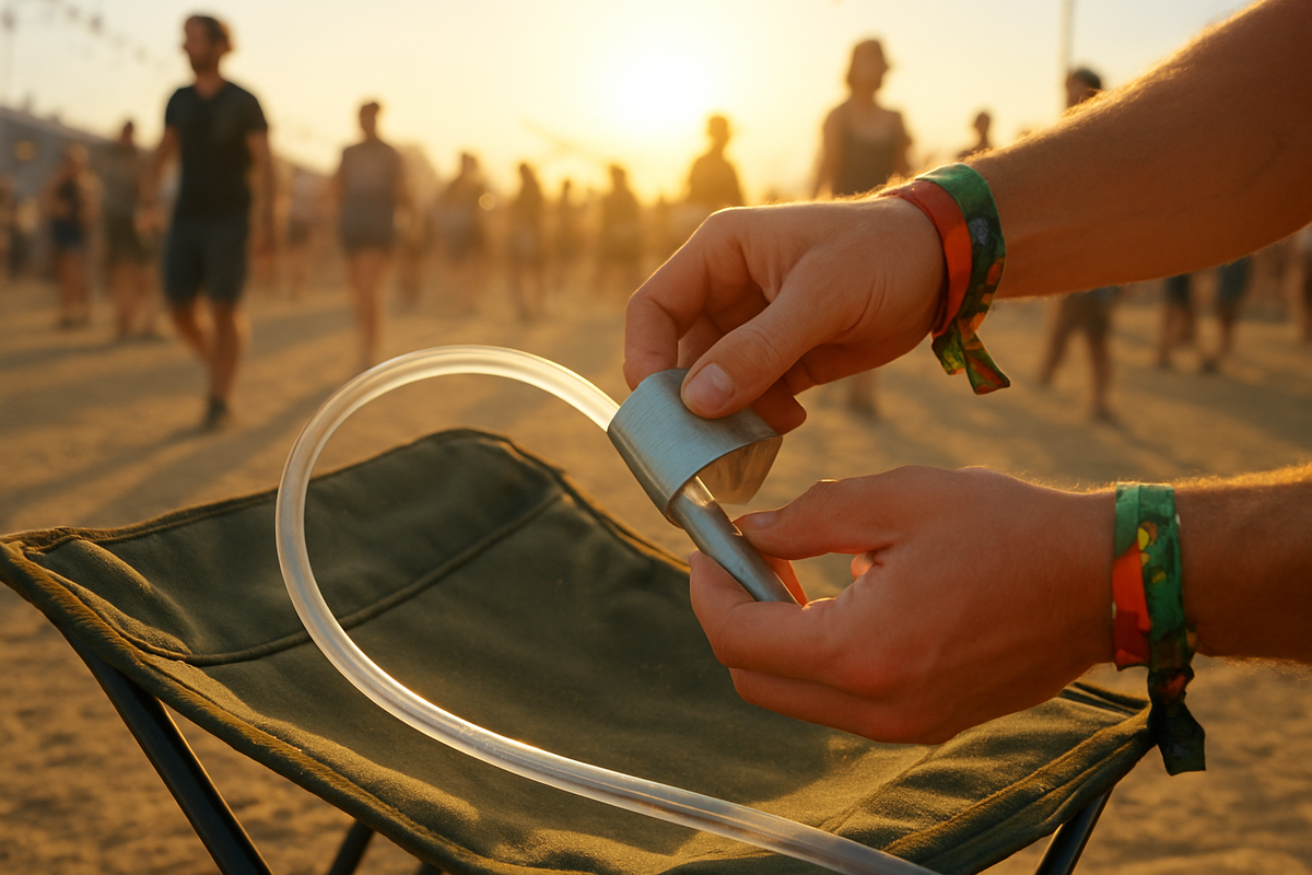 Close-up of hands wrapping silver duct tape around a clear hydration bladder tube on a dusty camping chair, festival wristban...