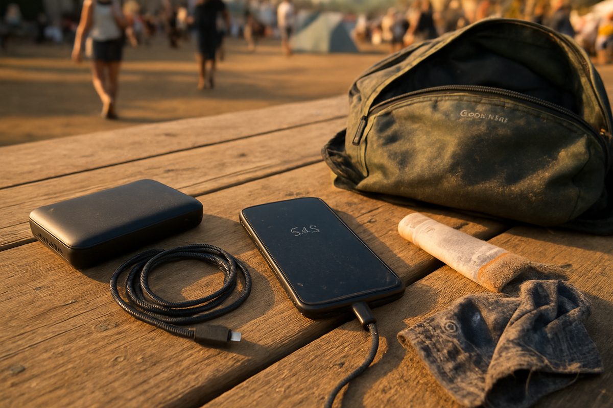 Overhead flat-lay on a festival campsite picnic table: a 20,000mAh power bank with a short braided USB-C cable coiled next to...
