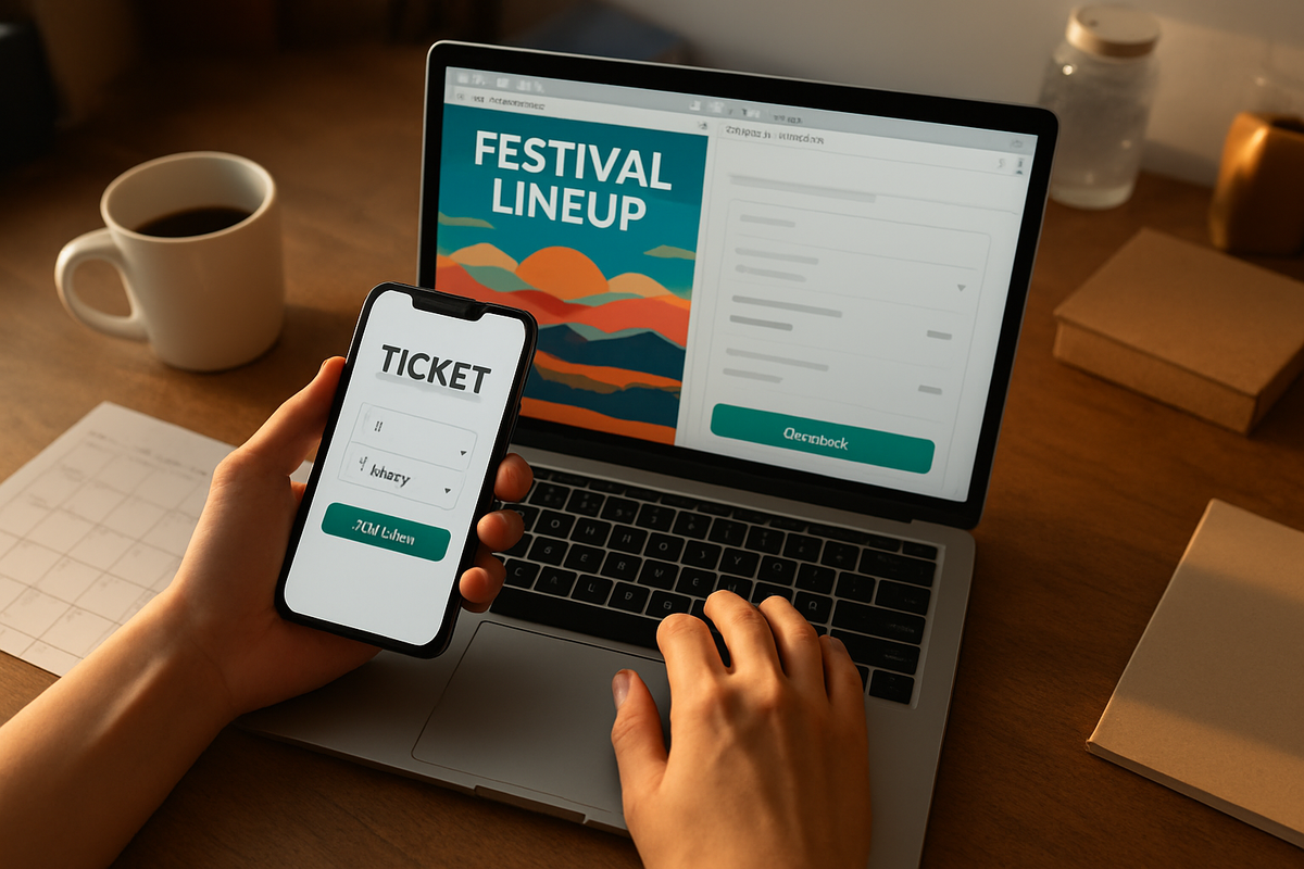 Overhead phone-in-hand shot of someone at a laptop with a festival lineup poster open in one browser tab and a ticket checkou...