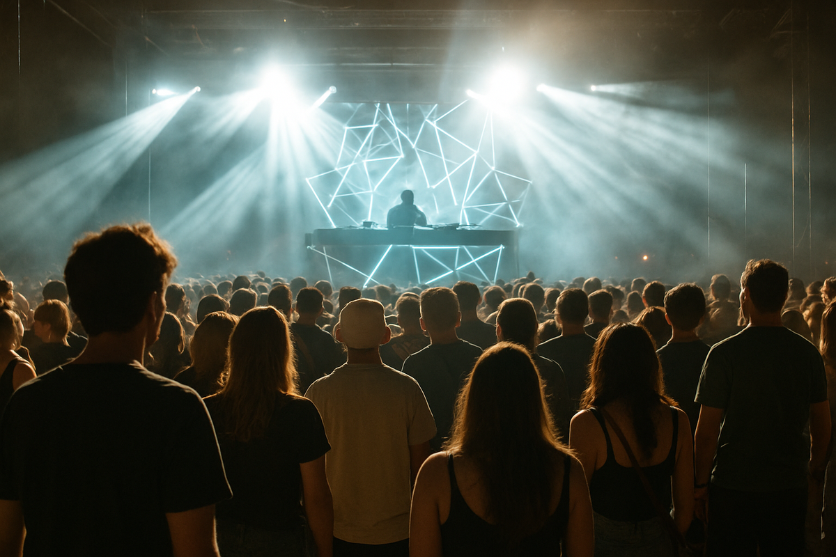 Wide crowd shot from behind at a nighttime techno festival stage — strobe lights hitting a dense pit, DJ silhouette behind de...