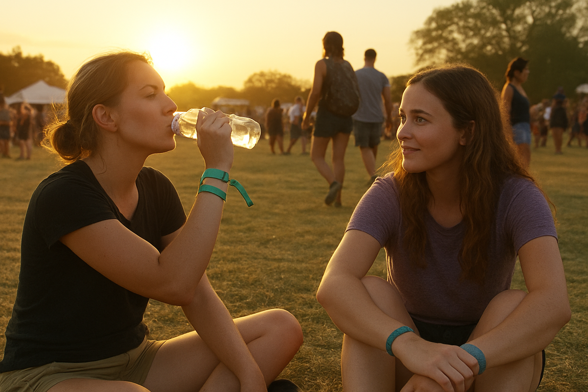 Two friends sitting on the grass at a festival away from the main stage crowd, one drinking from a water bottle, sun low in t...