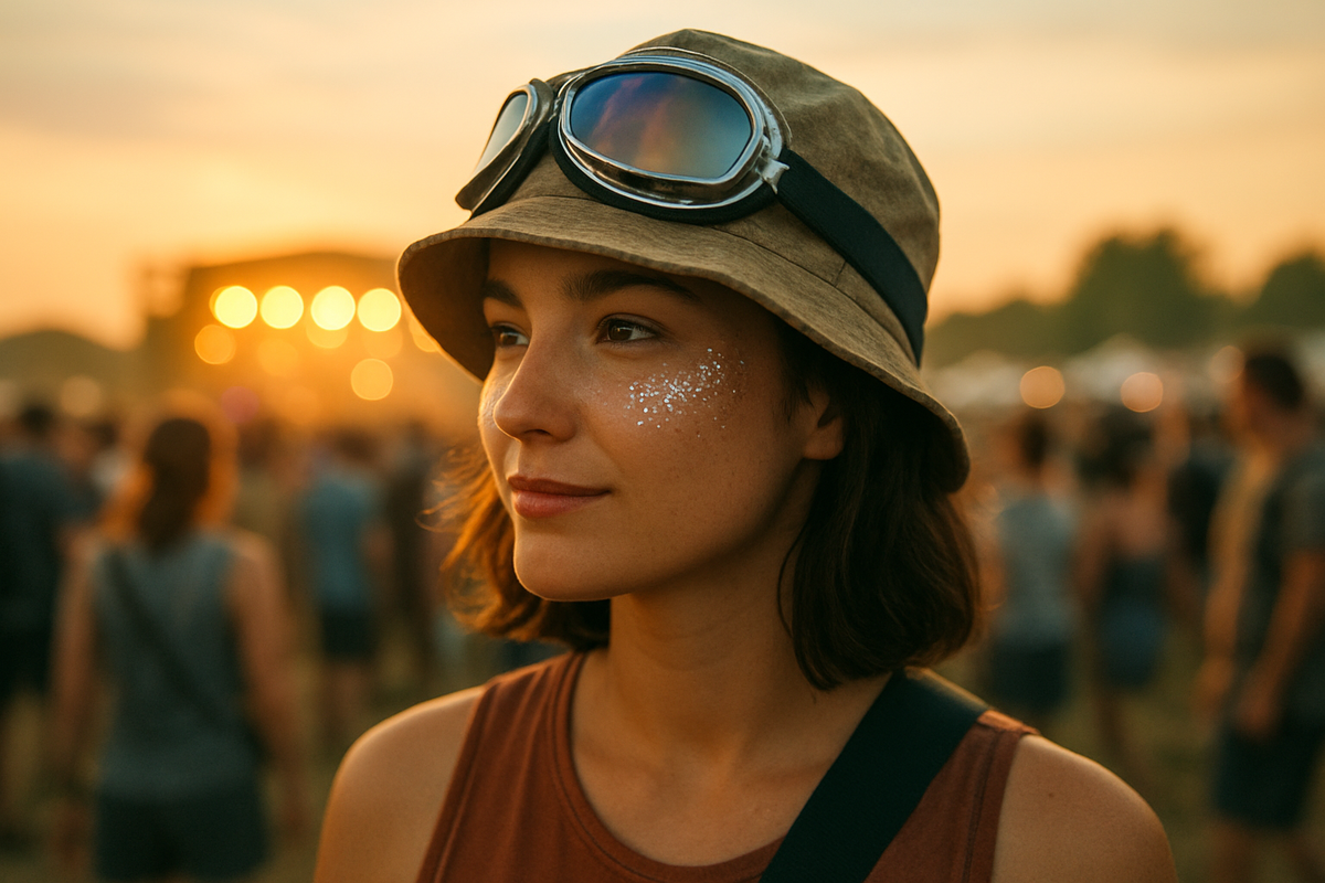 Close-up of a festival-goer at dusk wearing chrome mirrored goggles pushed up on their forehead, glitter on cheekbones, bucke...