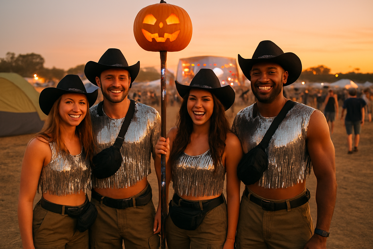 Group of four friends in coordinated cyber cowboy costumes at an outdoor Halloween rave at dusk, chrome fringe tops and cargo...