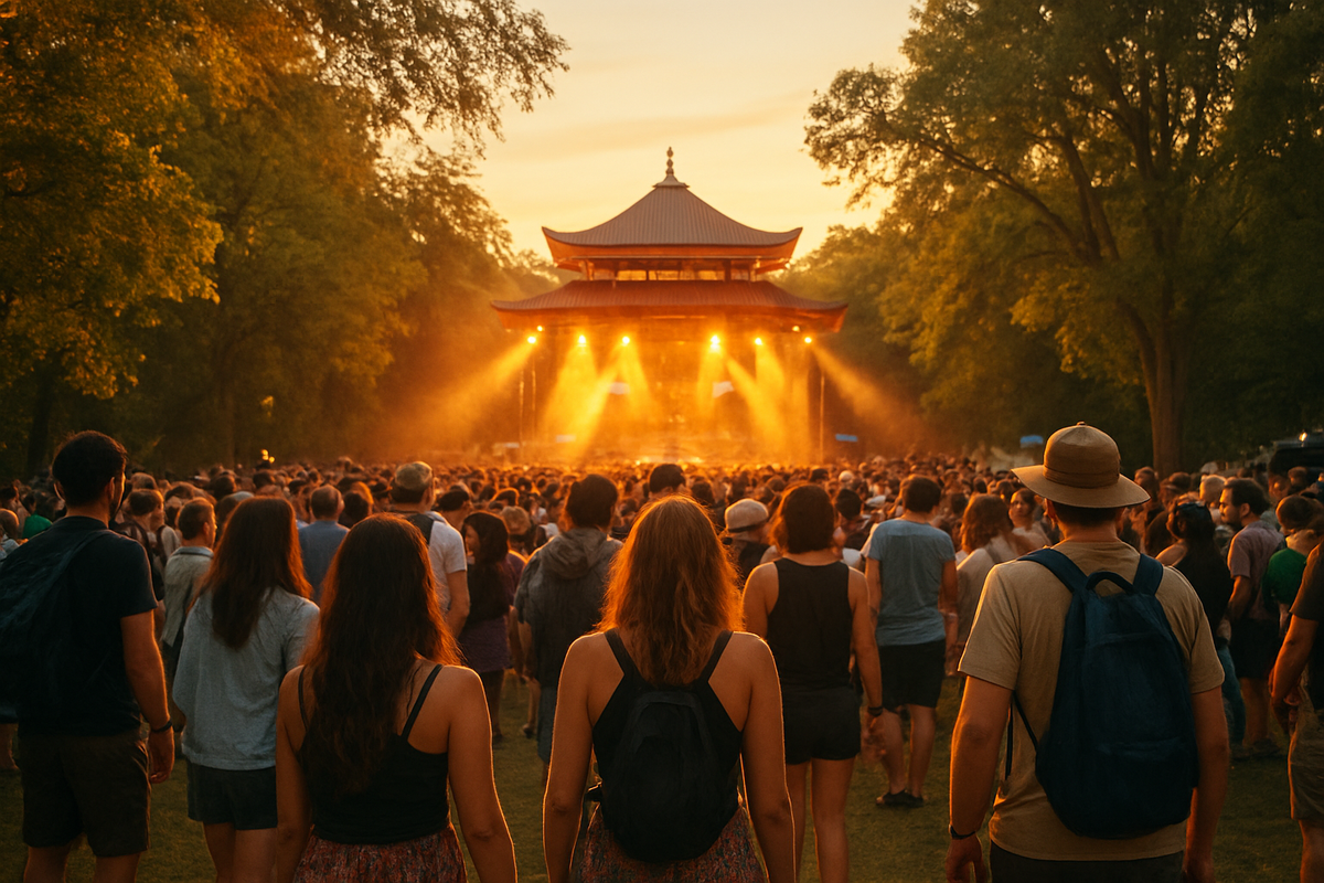 Wide shot of the Pagoda stage at Shambhala at night with the crowd lit by the stage rig and tree canopy visible on either sid...