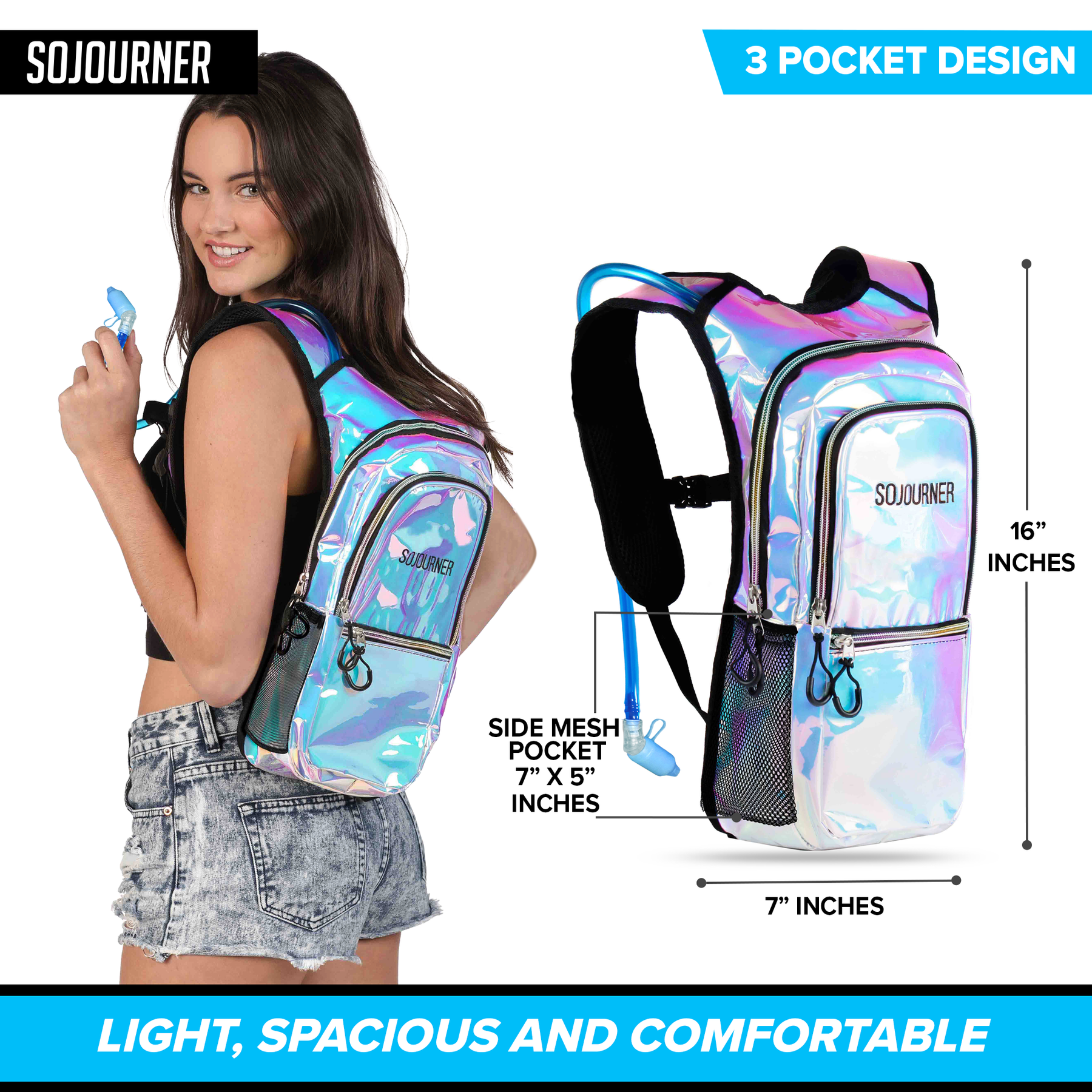 Medium Hydration Pack Backpack - 2L Water Bladder - Holographic Blue