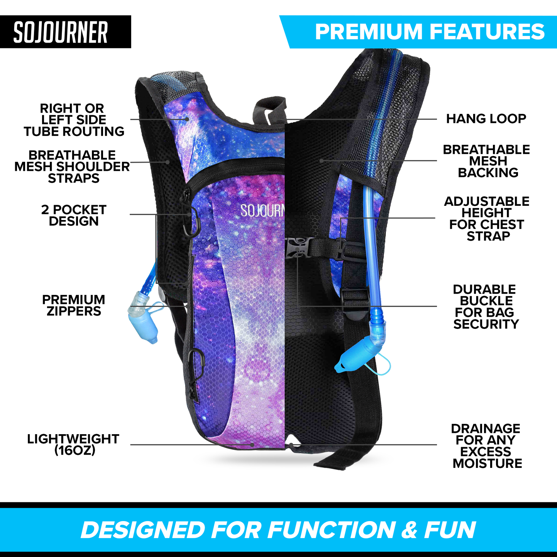 Hydration Pack Backpack - 2L Water Bladder - Galaxy