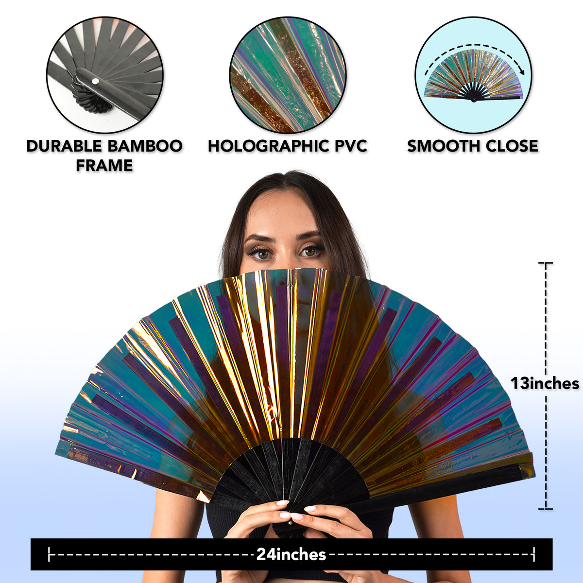 Holographic Rave Fan - Pride Fan and Festival Fan - Large Folding Fan for Festivals (Coffee Black)