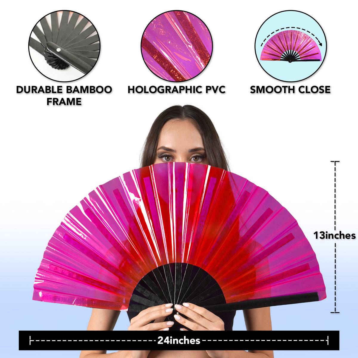 Holographic Rave Fan - Pride Fan and Festival Fan - Large Folding Fan for Festivals (Hot Pink)