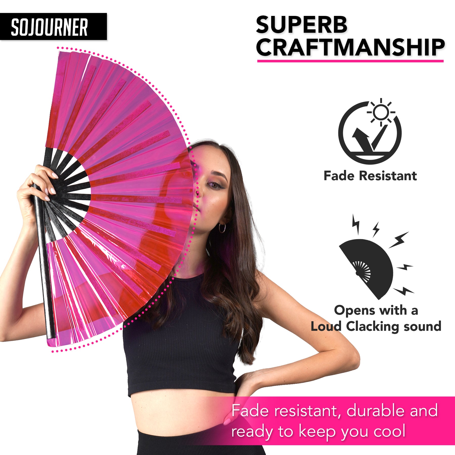 Holographic Rave Fan - Pride Fan and Festival Fan - Large Folding Fan for Festivals (Hot Pink)