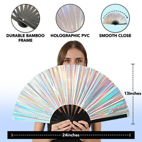 Holographic Rave Fan - Pride Fan and Festival Fan - Large Folding Fan for Festivals (Holographic Silver)