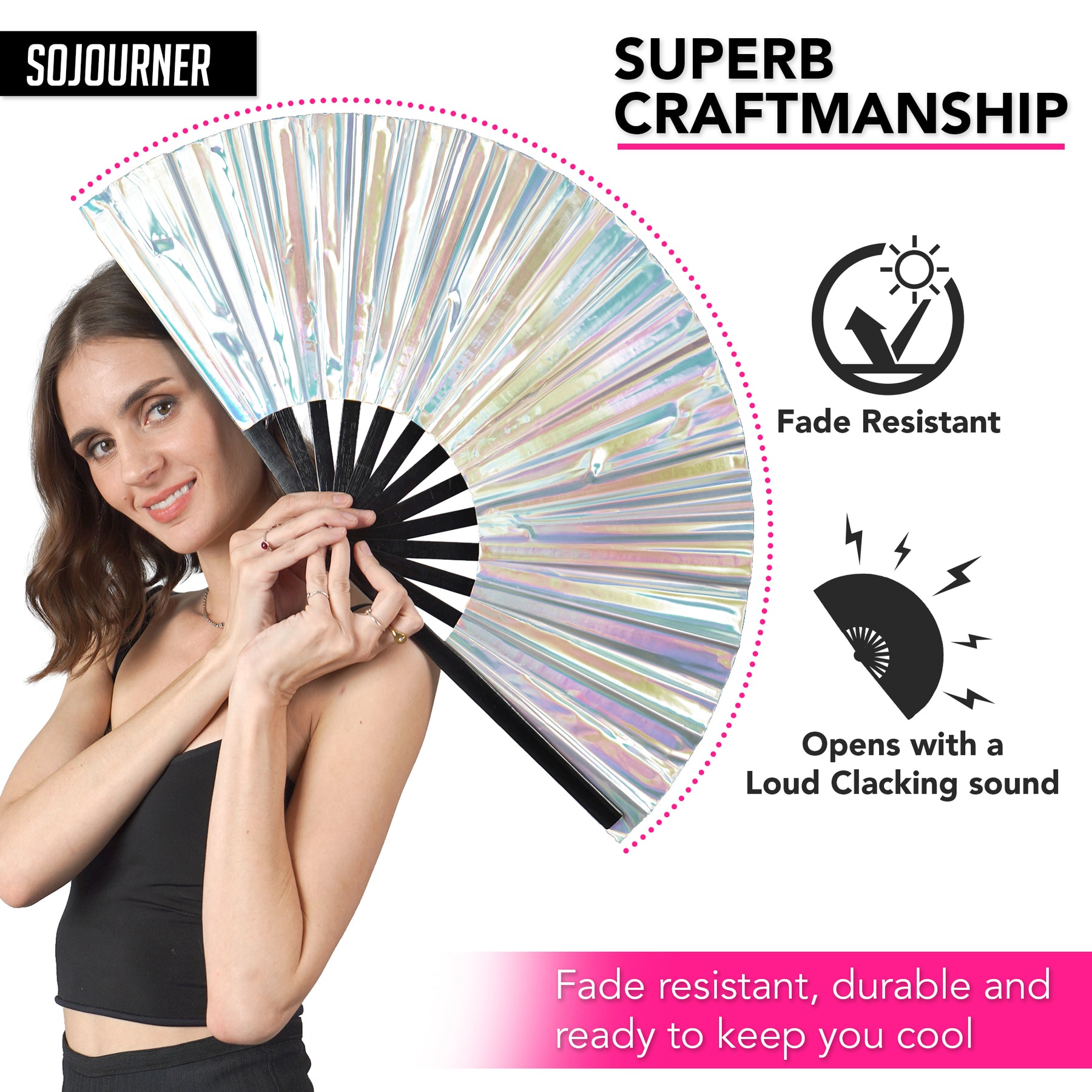 Holographic Rave Fan - Pride Fan and Festival Fan - Large Folding Fan for Festivals (Holographic Silver)