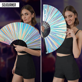 Holographic Rave Fan - Pride Fan and Festival Fan - Large Folding Fan for Festivals (Holographic Silver)