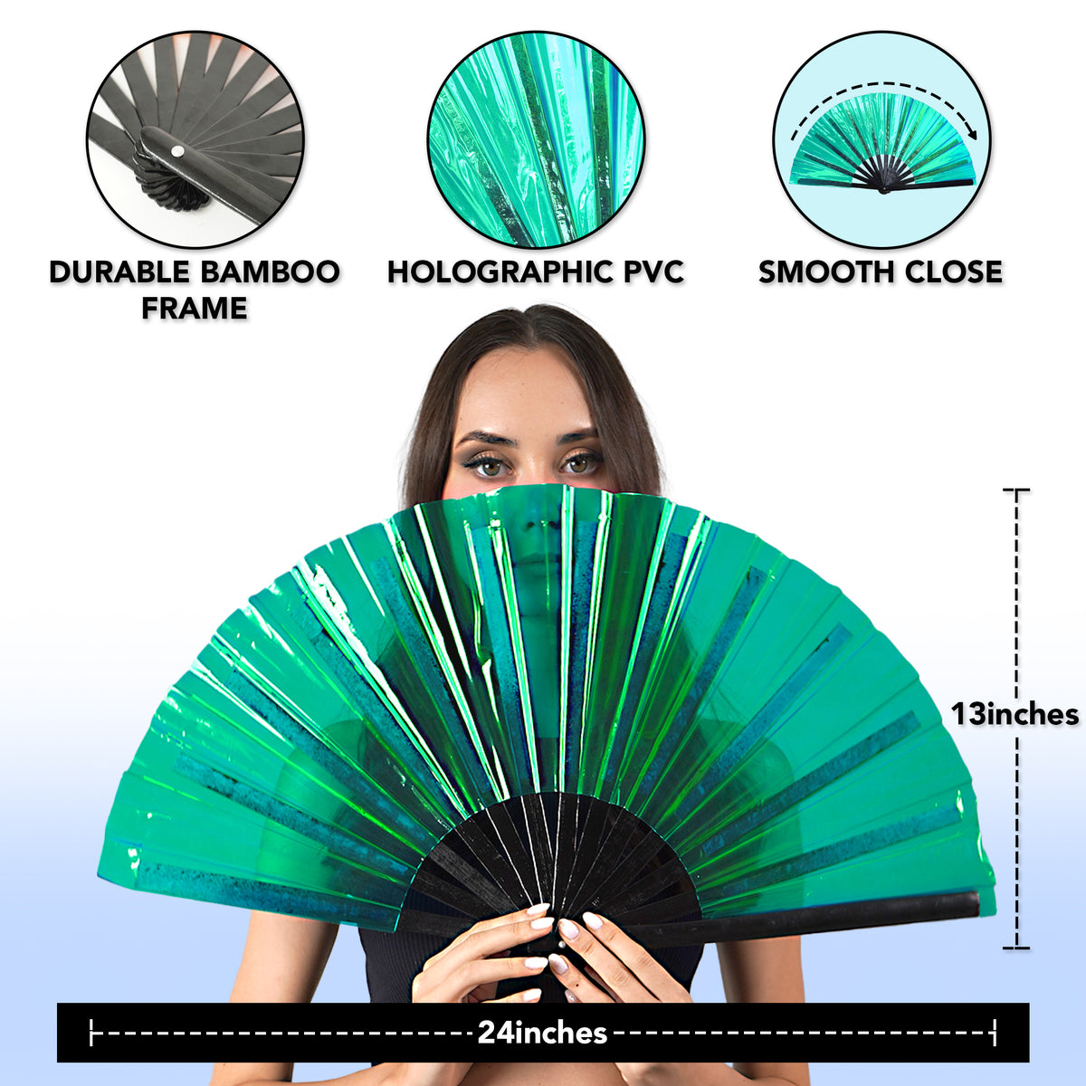 Holographic Rave Fan - Pride Fan and Festival Fan - Large Folding Fan for Festivals (Holographic Teal)