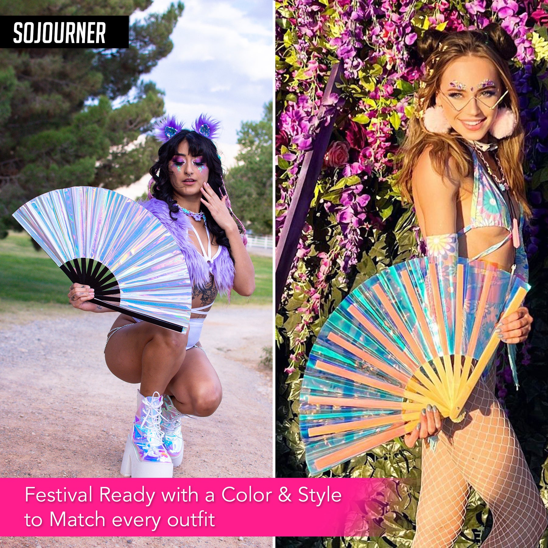 Holographic Rave Fan - Pride Fan and Festival Fan - Large Folding Fan for Festivals (Holographic Teal)