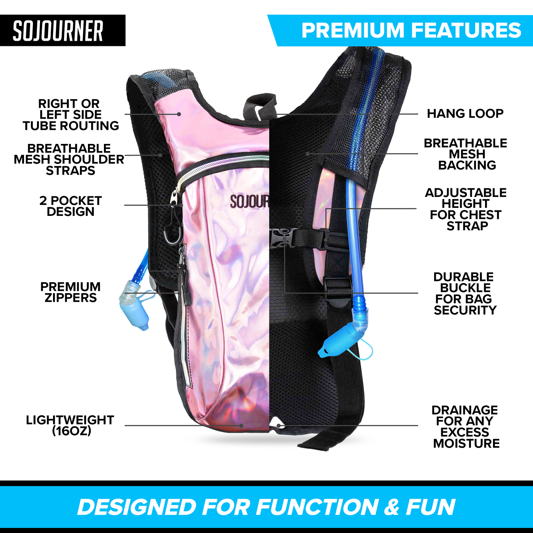Hydration Pack Backpack - 2L Water Bladder - Holographic Pink