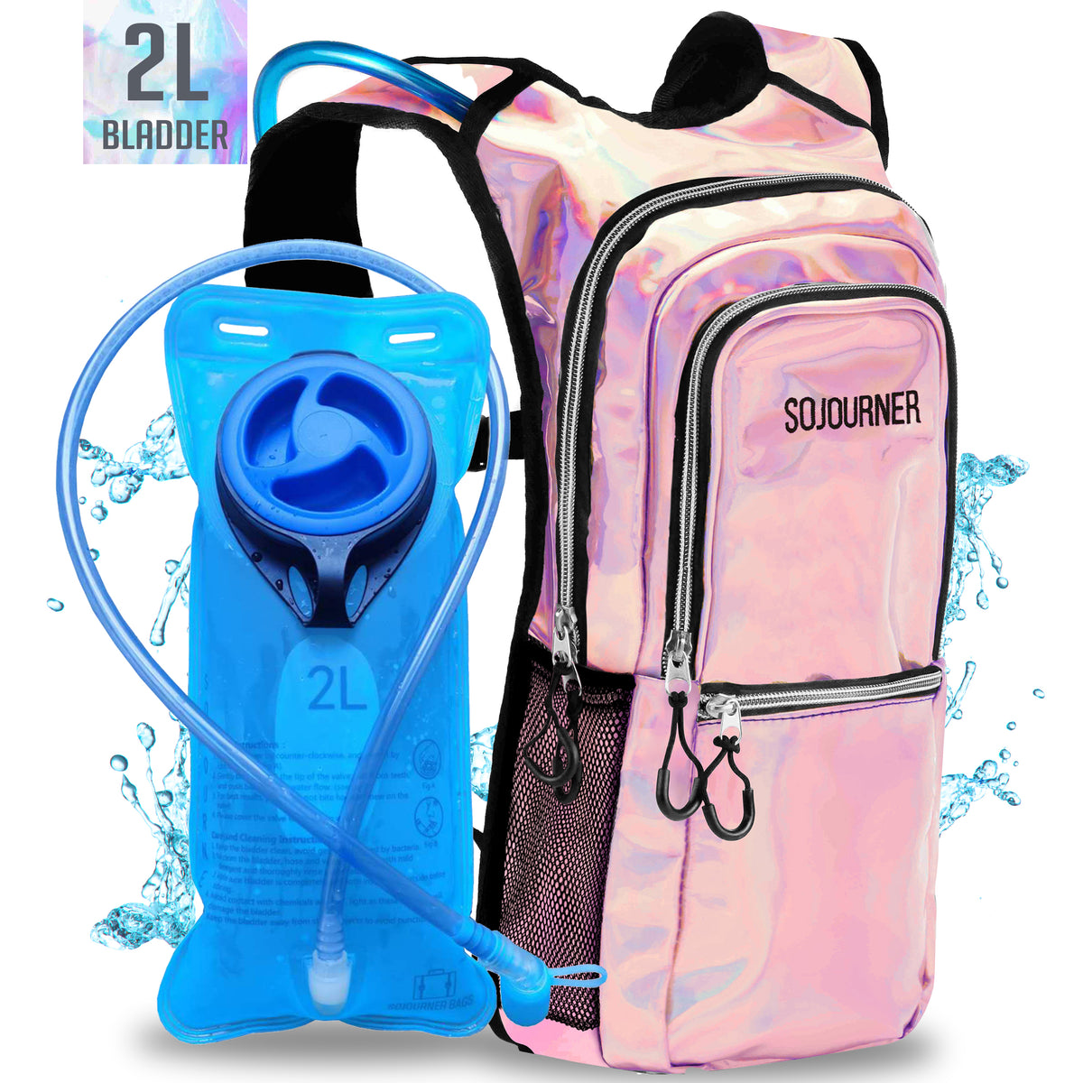 Medium Hydration Pack Backpack - 2L Water Bladder - Holographic - Pink