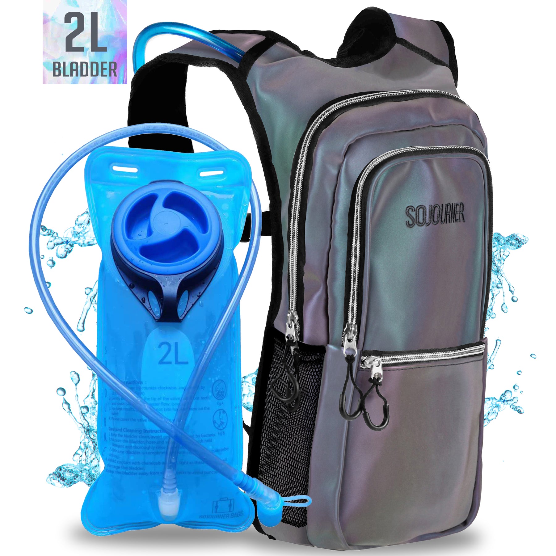 Medium Hydration Pack Backpack - 2L Water Bladder - Holographic Blue