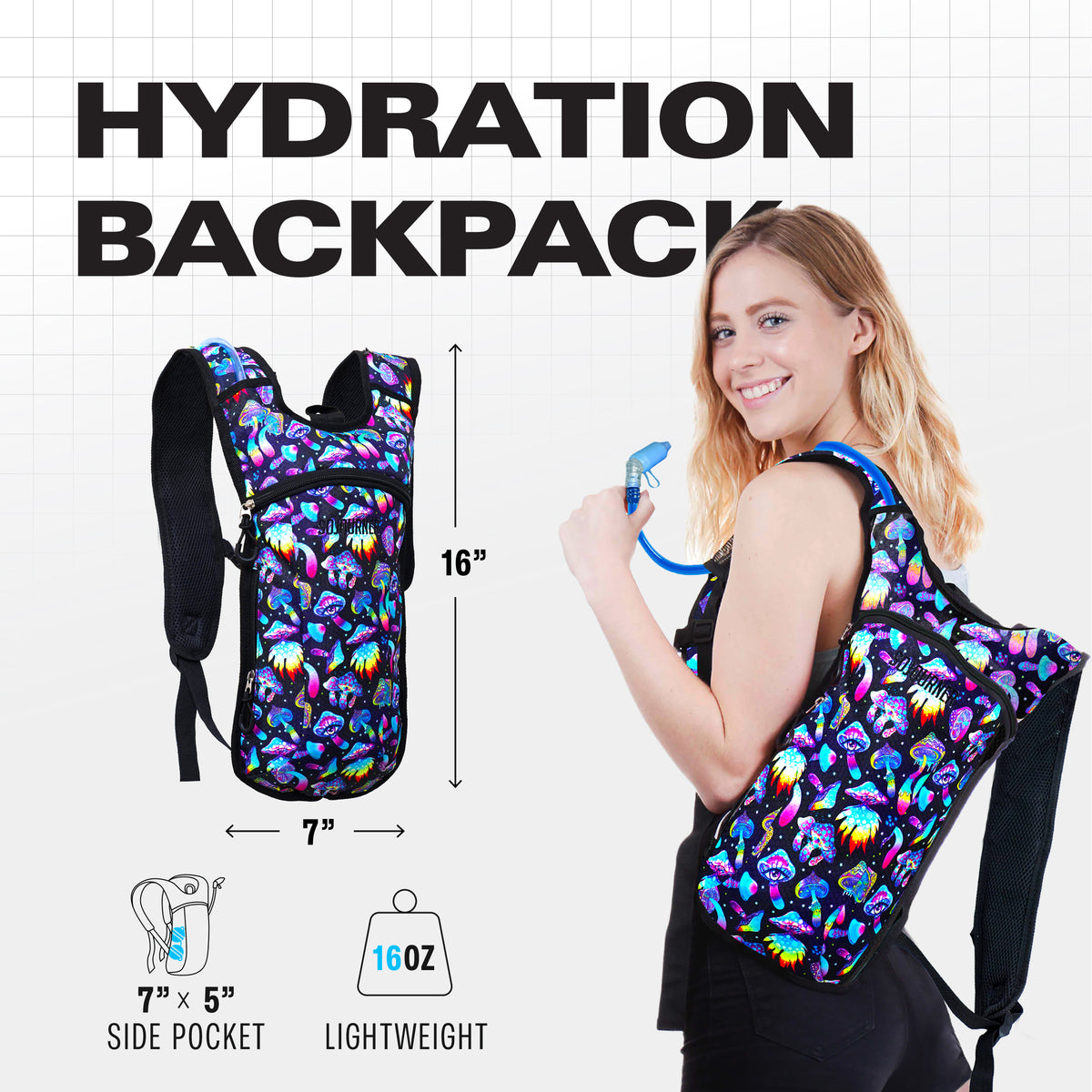 Hydration Pack Backpack - 2L Water Bladder - Magic Mushroom