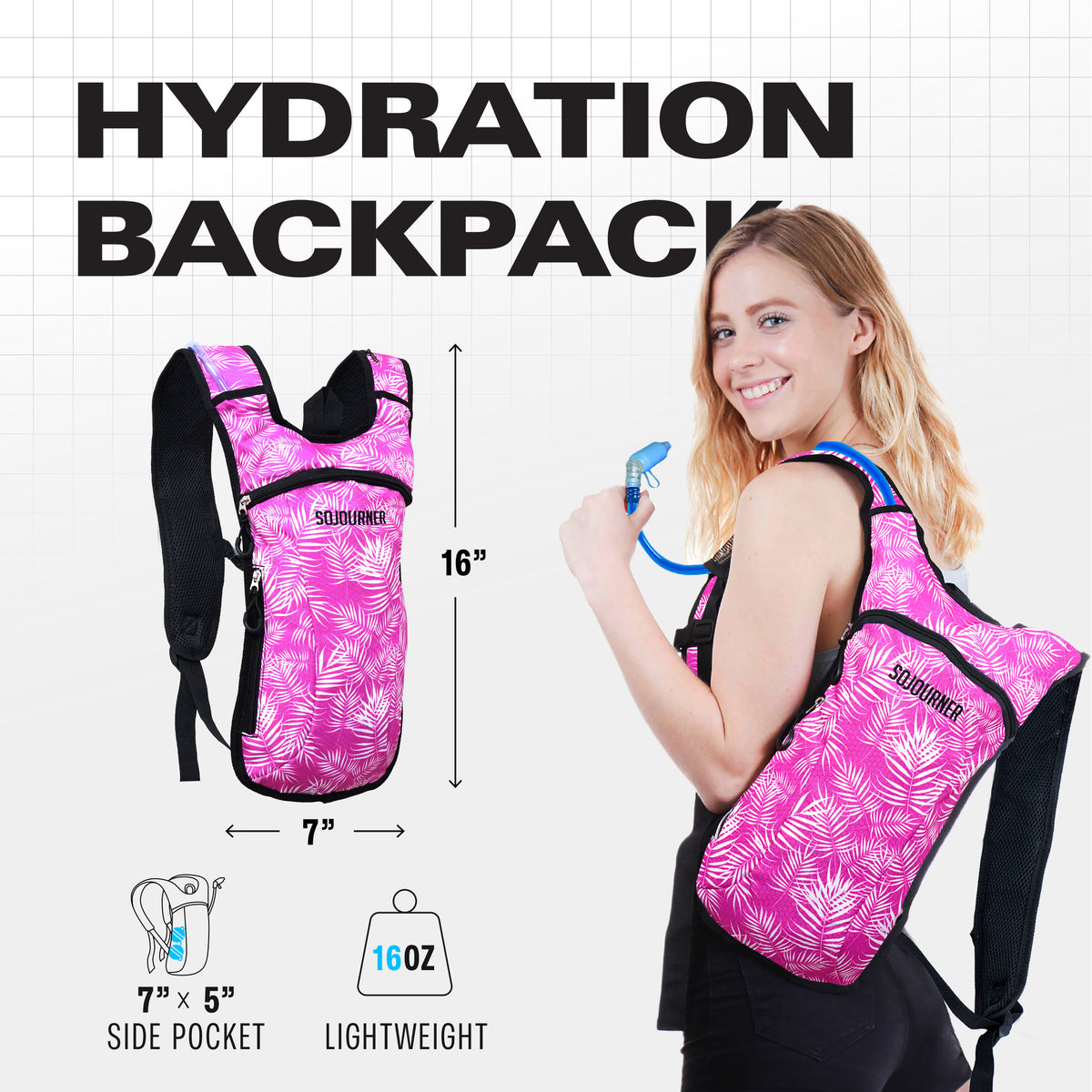 Hydration Pack Backpack - 2L Water Bladder - Pink Palm
