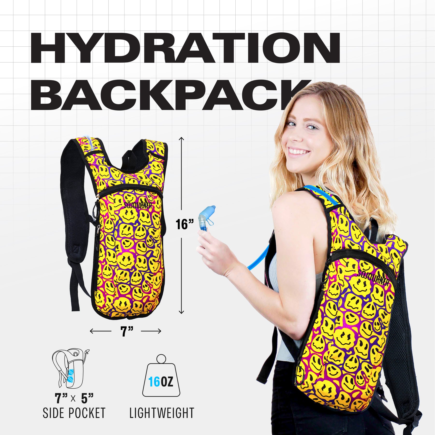 Hydration Pack Backpack - 2L Water Bladder - Smiley Face