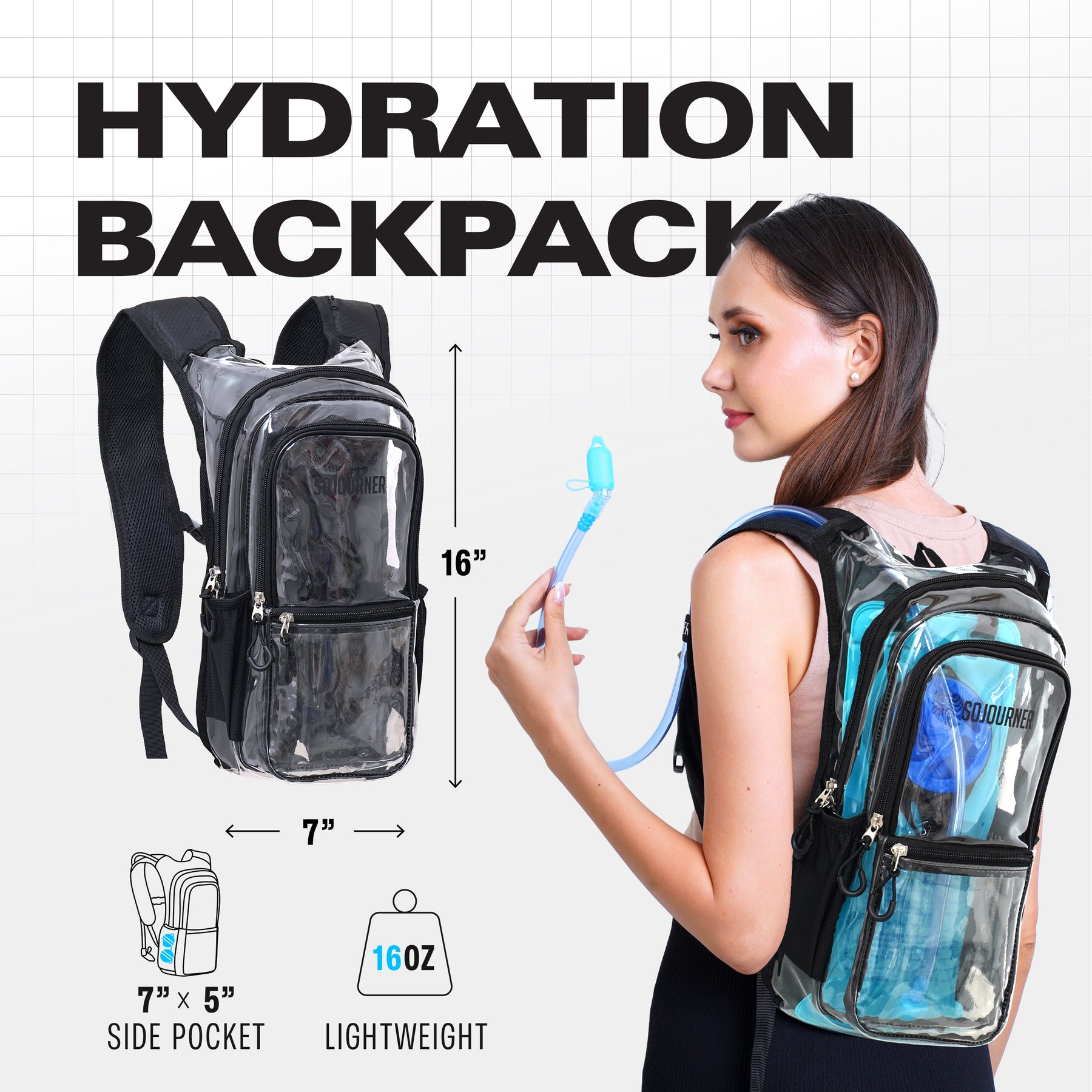 Medium Hydration Pack Backpack - 2L Water Bladder - Clear Transparent