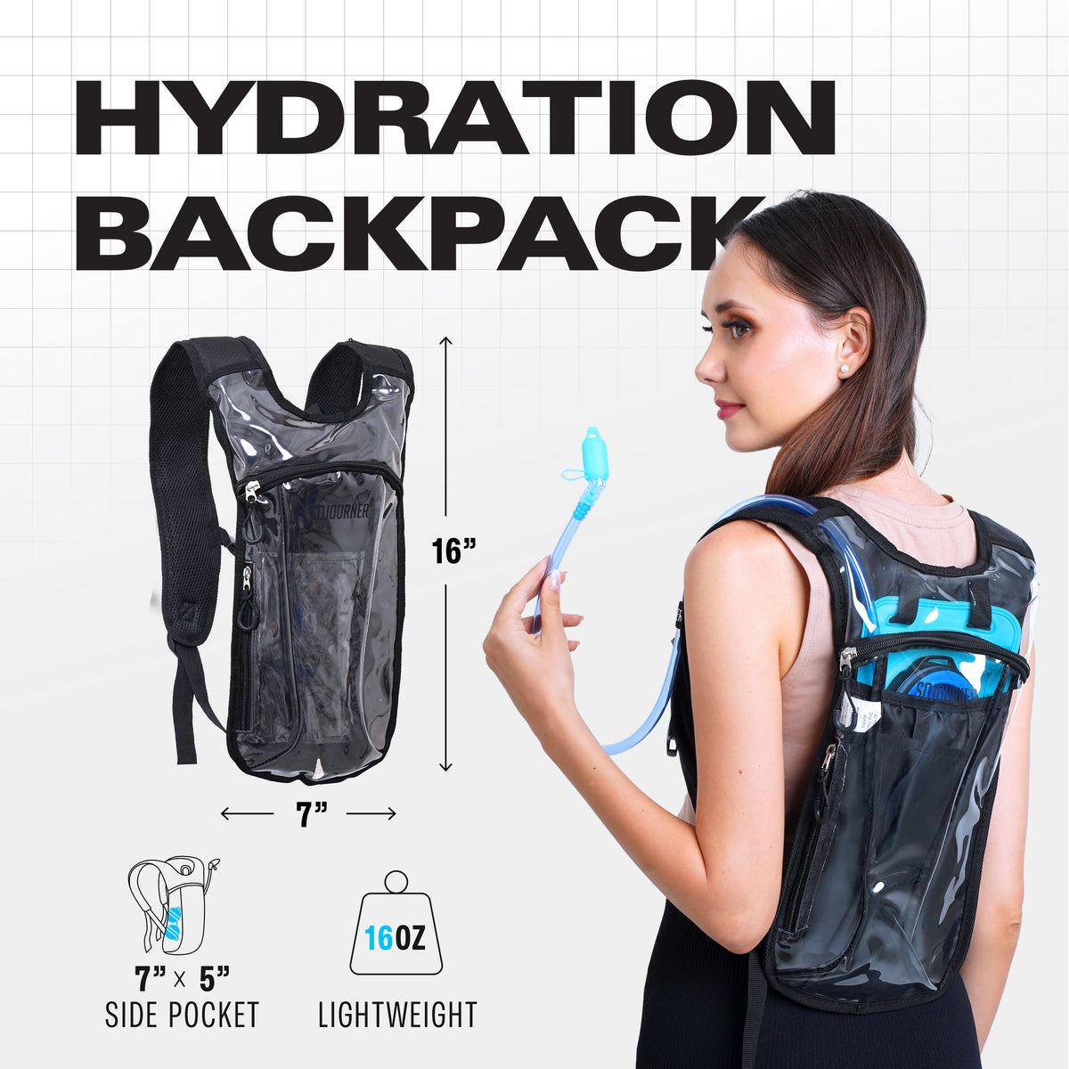 Hydration Pack Backpack - 2L Water Bladder - Transparent Clear