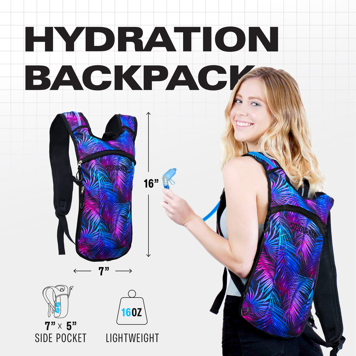 Hydration Pack Backpack - 2L Water Bladder - Tropical Heat