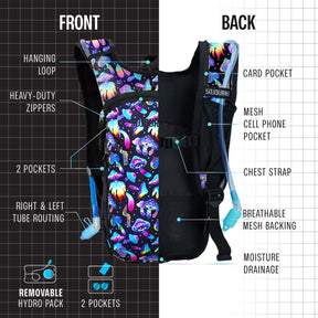 Hydration Pack Backpack - 2L Water Bladder - Magic Mushroom