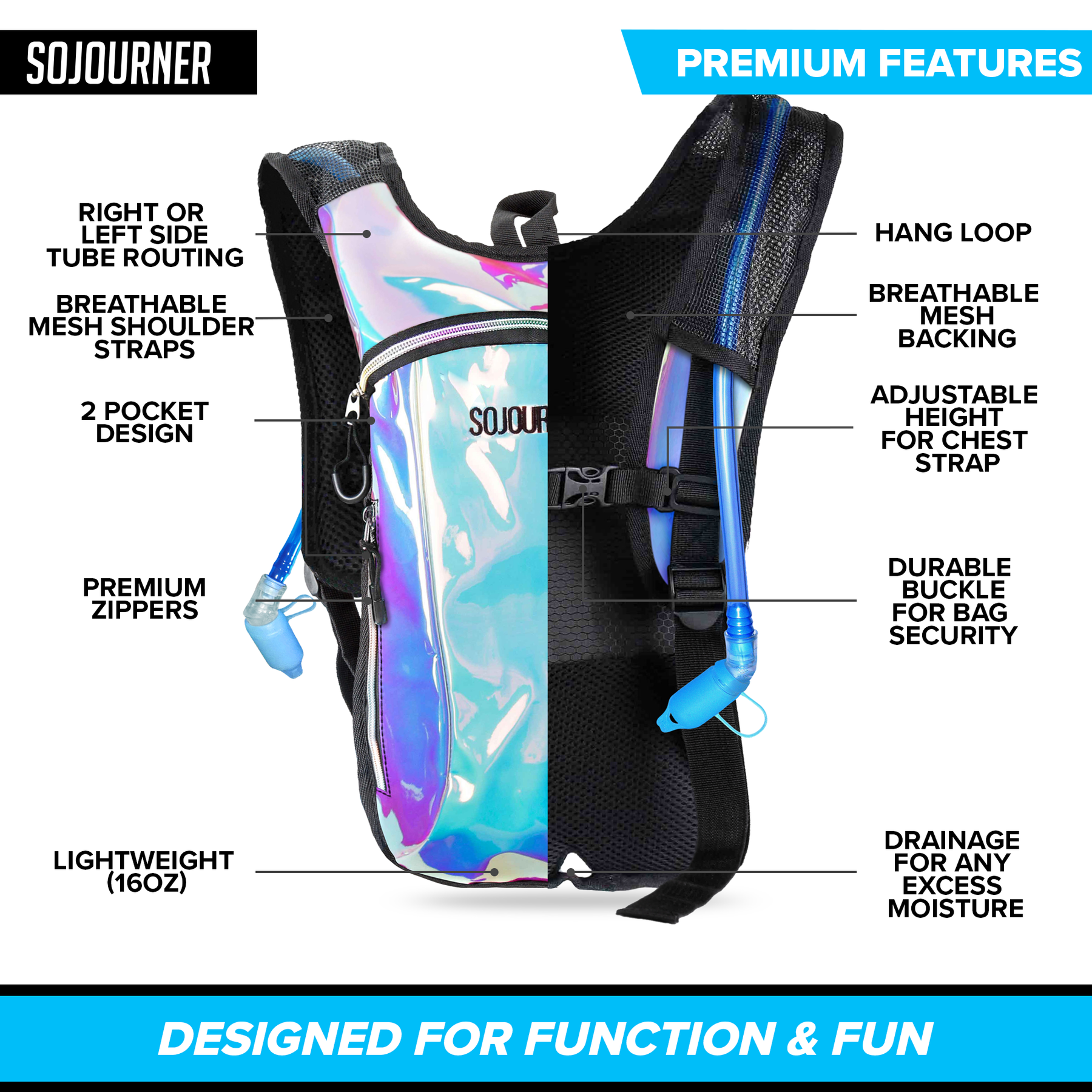 Hydration Pack Backpack 2L Water Bladder Iridescent Blue