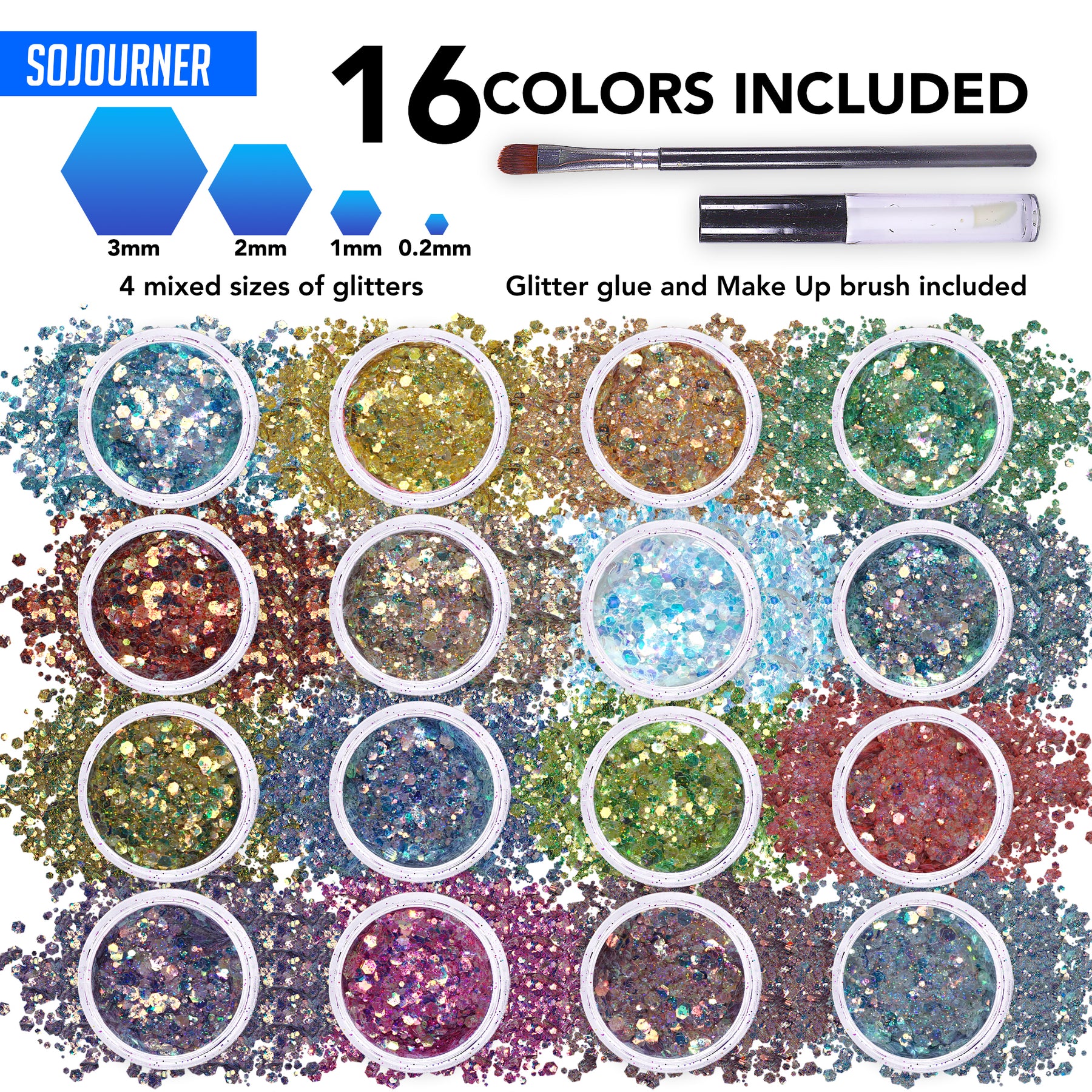 Fairy Tears Chunky Holographic Body Glitter I 16 Colors + Glitter Glue for Face Glitter Makeup, Hair, Eye & Fine Glitter Eyeshadow - Perfect for Halloween, Resin, Tumblers, Craft, Cosmetic & Nail Art