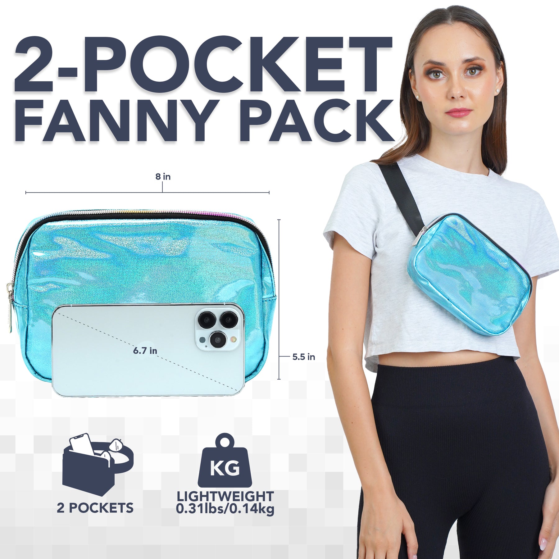 Blue Laser Sparkly Holographic Fanny Pack (Blue) Belt Bag for Women I Rave Cross Body Fanny Packs for Women - Crossbody Bags small Waist Bag Men