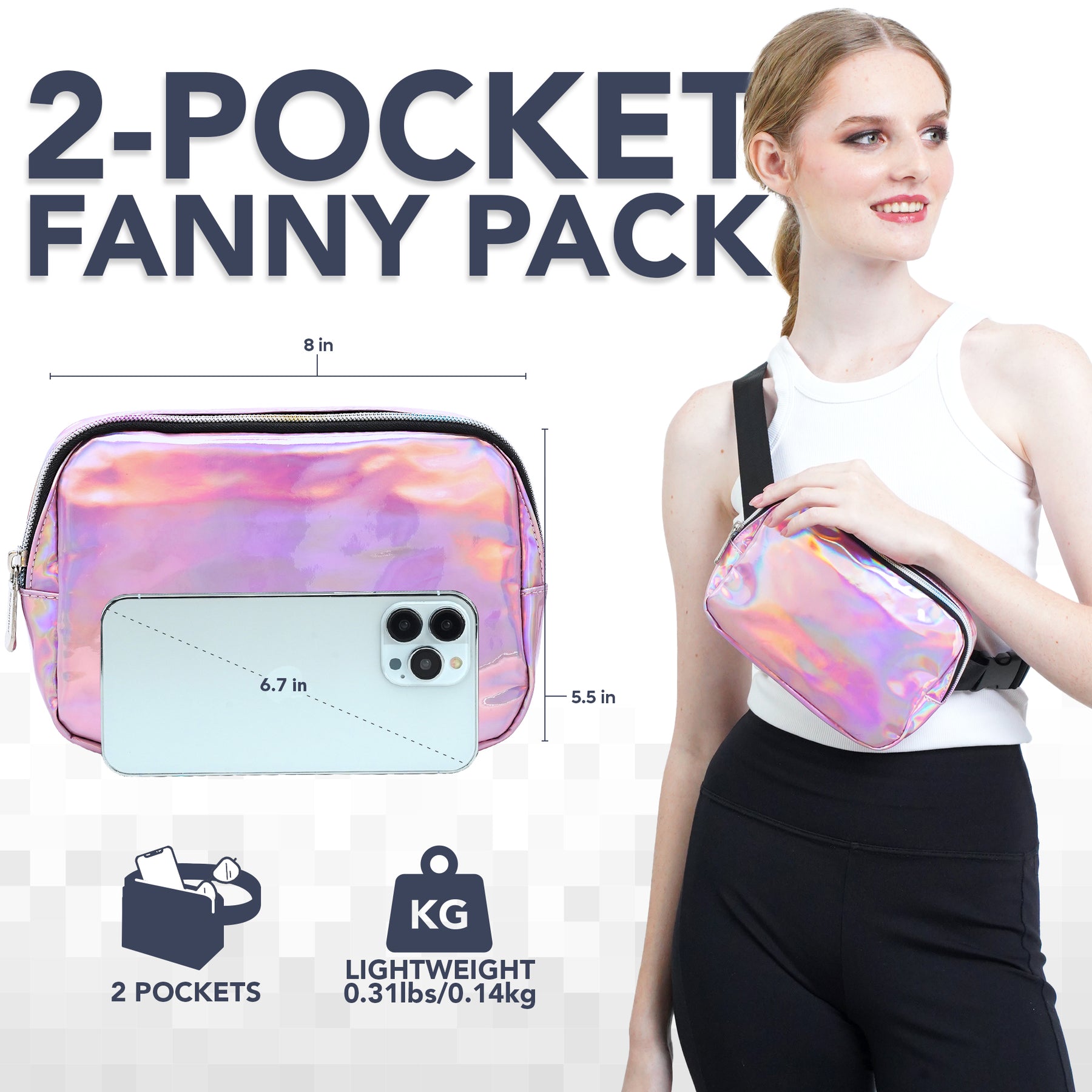 Pink Holograhic Fanny Pack Belt Bag for Women I Rave Cross Body Fanny Packs for Women - Crossbody Bags small Waist Bag Men