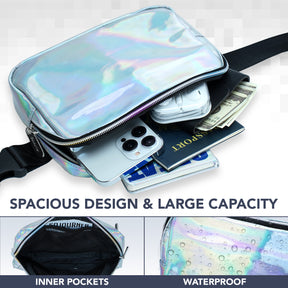 Silver Laser Holgraphic Fanny Pack (Silver) Belt Bag for Women I Cross Body Rave Fanny Packs for Women - Crossbody Bags small Waist Bag Men