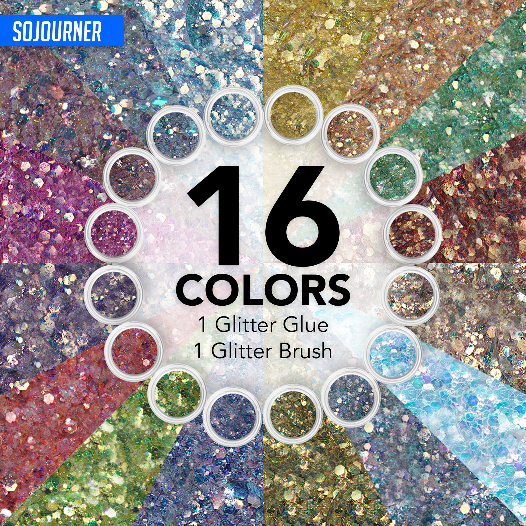 Fairy Tears Chunky Holographic Body Glitter I 16 Colors + Glitter Glue for Face Glitter Makeup, Hair, Eye & Fine Glitter Eyeshadow - Perfect for Halloween, Resin, Tumblers, Craft, Cosmetic & Nail Art