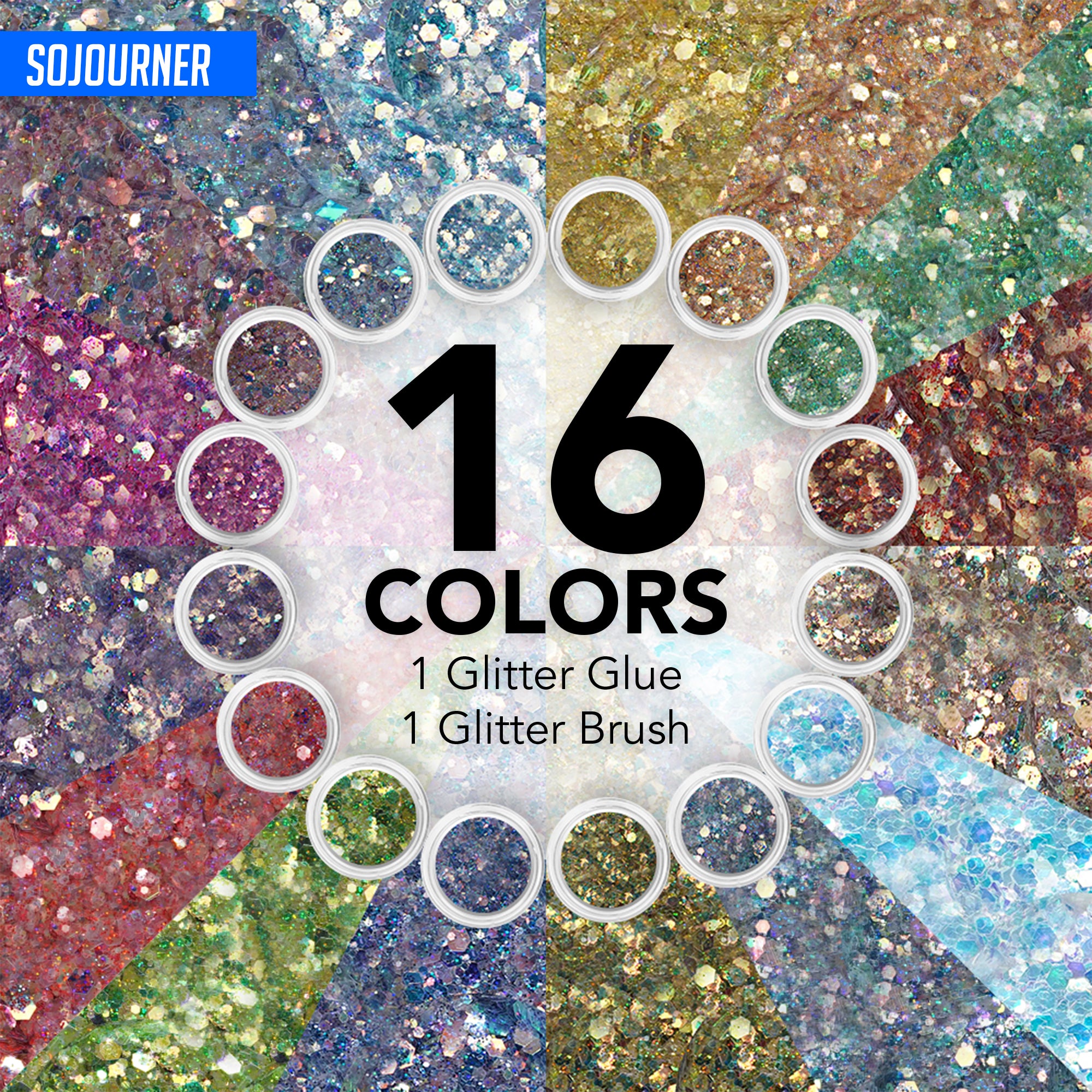 Fairy Tears Chunky Holographic Body Glitter I 16 Colors + Glitter Glue for Face Glitter Makeup, Hair, Eye & Fine Glitter Eyeshadow