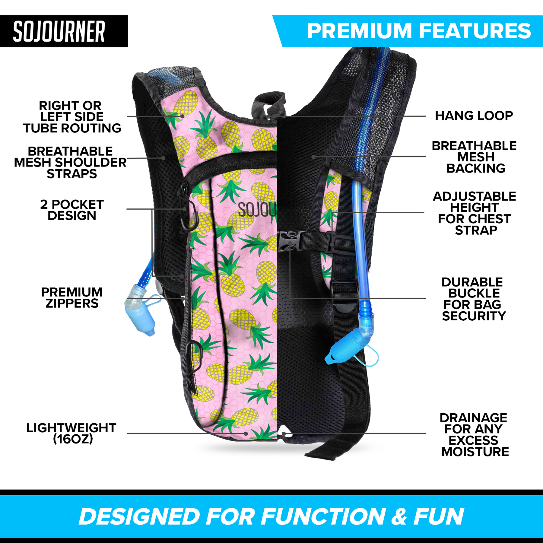 Hydration Pack Backpack - 2L Water Bladder - Pineapple