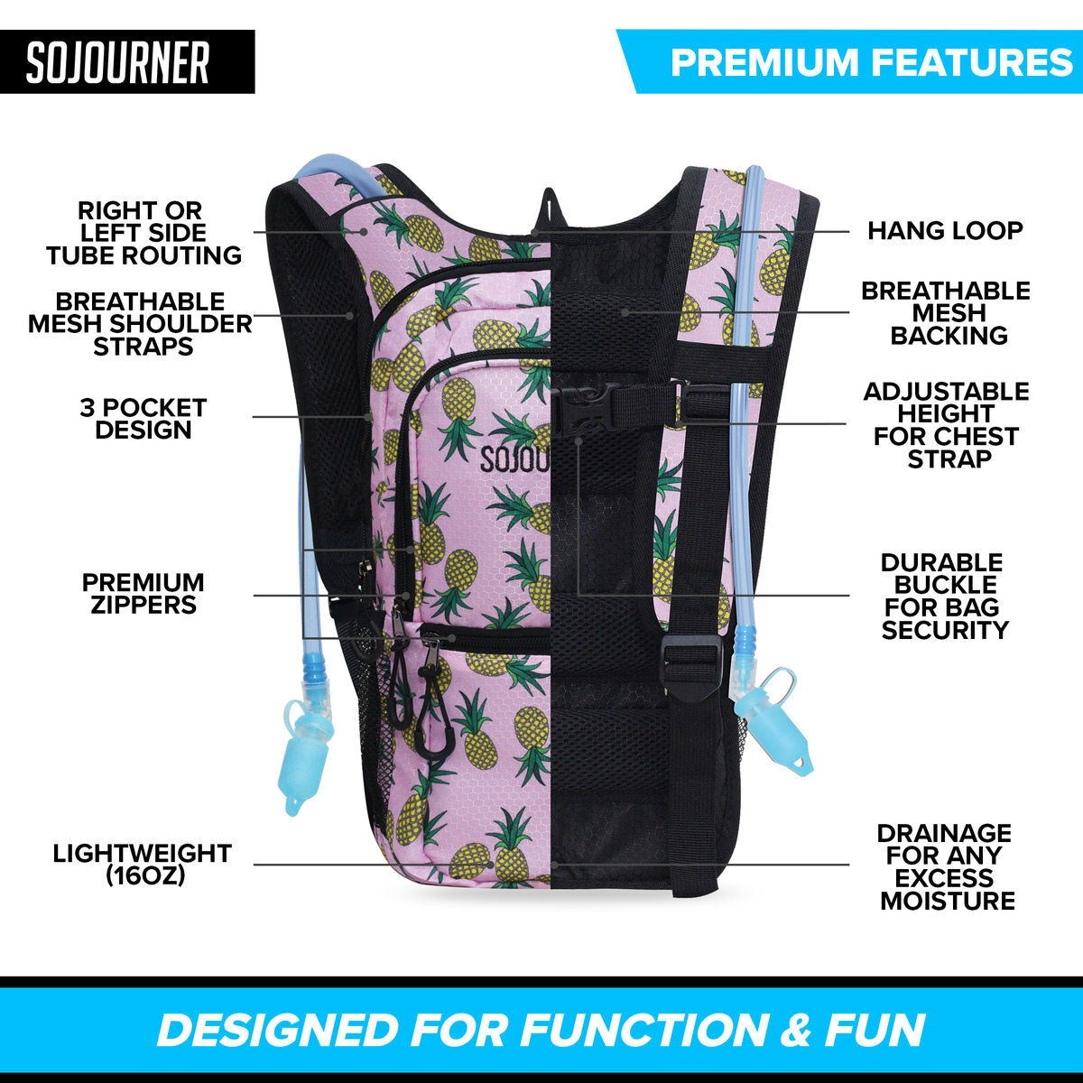 Medium Hydration Pack Backpack - 2L Water Bladder - Pineapple