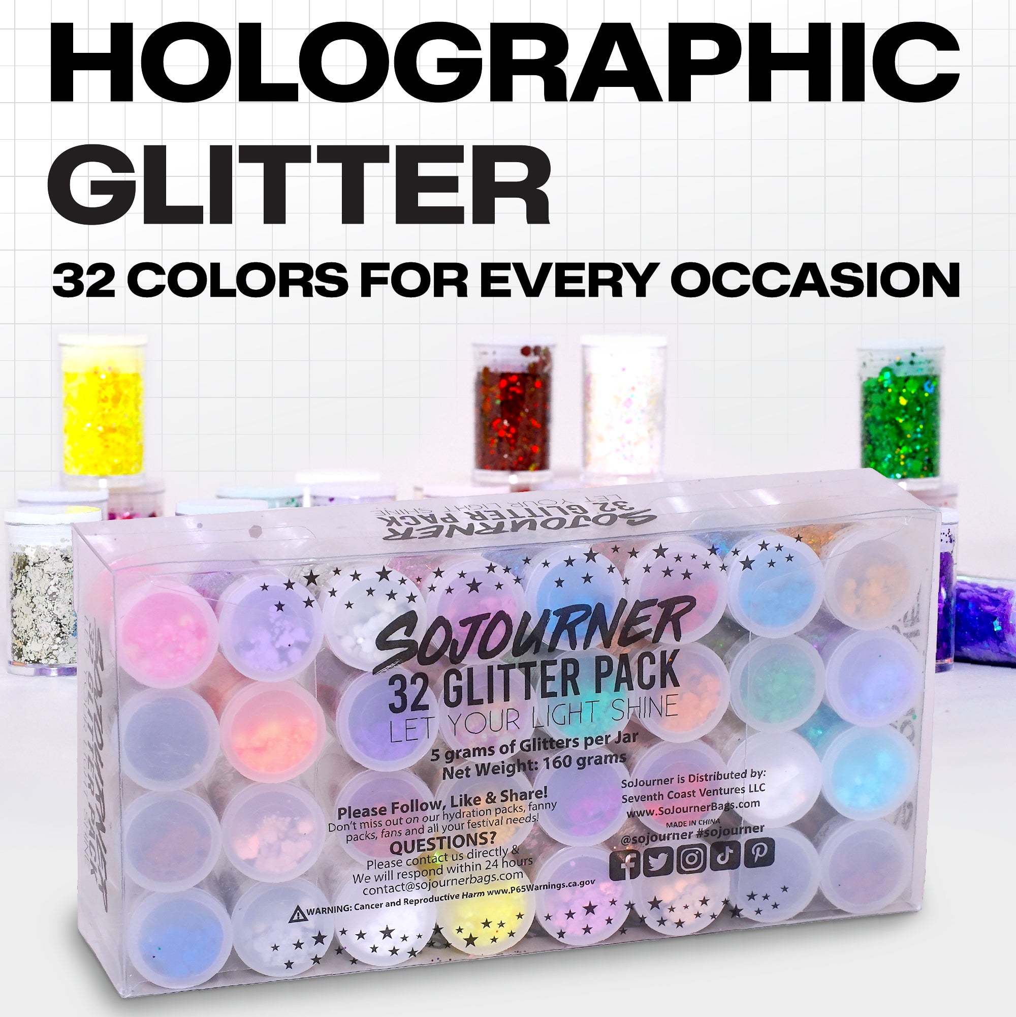32 Pack Chunky Mix Holographic Glitter - Face Glitter, Nail Glitter, Chunky Fine Glitter, Craft Glitter for Crafts, Makeup & Body, Festival Chunky Glitter, Cosmetic Grade