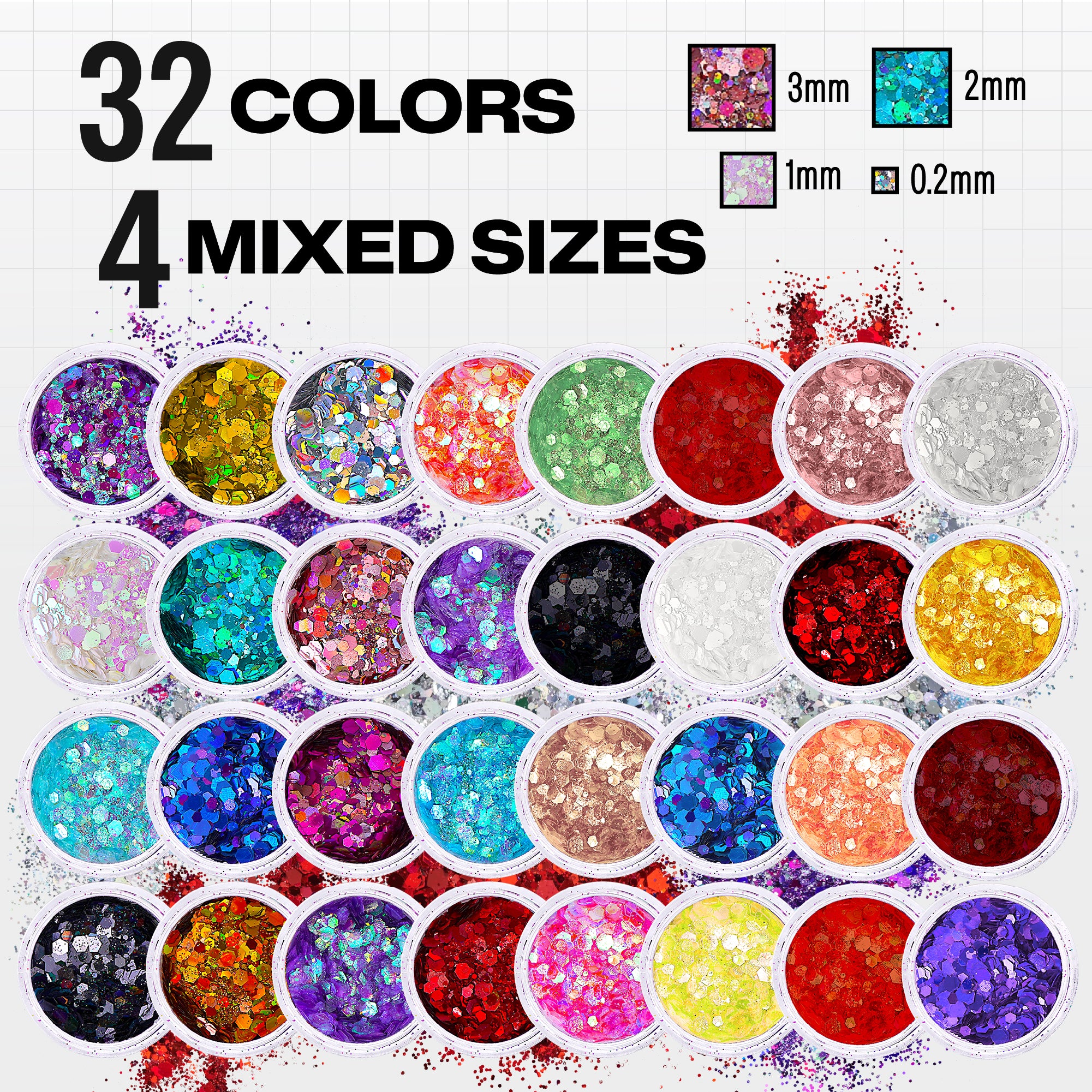 32 Pack Chunky Mix Holographic Glitter - Face Glitter, Nail Glitter, Chunky Fine Glitter, Craft Glitter for Crafts, Makeup & Body, Festival Chunky Glitter, Cosmetic Grade