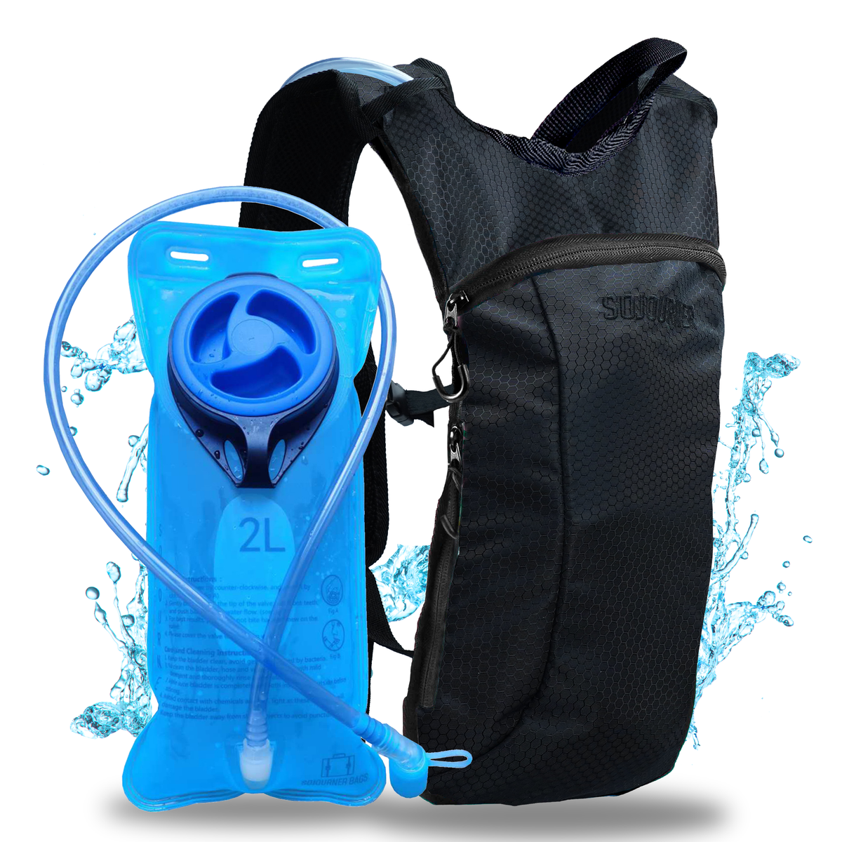 Hydration Pack Backpack - 2L Water Bladder - Solid Black