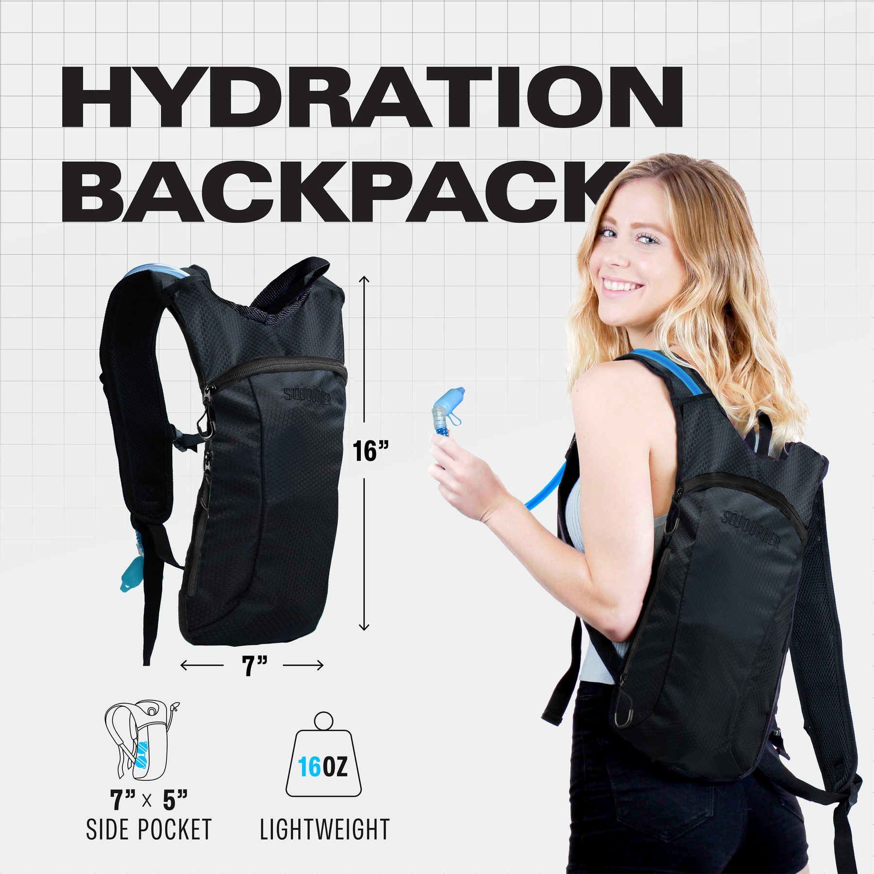 Hydration Pack Backpack - 2L Water Bladder - Solid Black