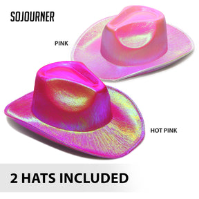 2 Pack Pink and Hot Pink Neon Sparkly Glitter Space Cowboy Hat - Fun Metallic Pink Holographic Halloween Party Disco Cowgirl Hat