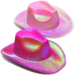 2 Pack Pink and Hot Pink Neon Sparkly Glitter Space Cowboy Hat - Fun Metallic Pink Holographic Halloween Party Disco Cowgirl Hat