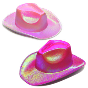 2 Pack Pink and Hot Pink Neon Sparkly Glitter Space Cowboy Hat - Fun Metallic Pink Holographic Halloween Party Disco Cowgirl Hat