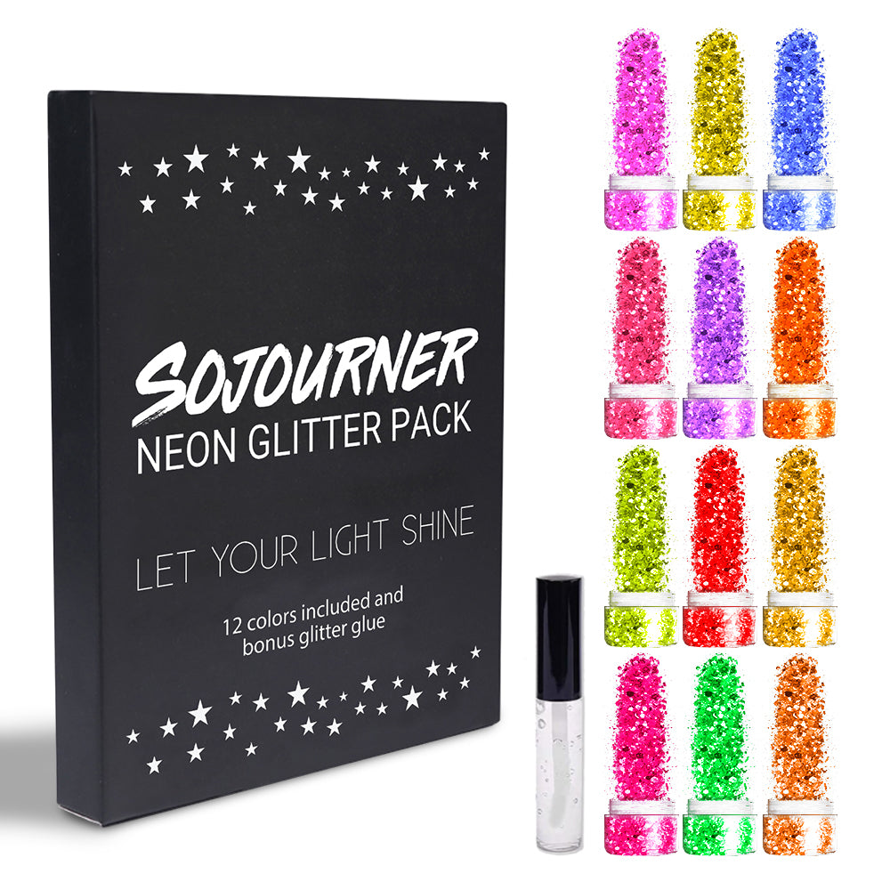 12 pack  Neon Glitter + 1 glitter glue Chunky Cosmetic Holographic Glitter | Body, Face & Hair Safe