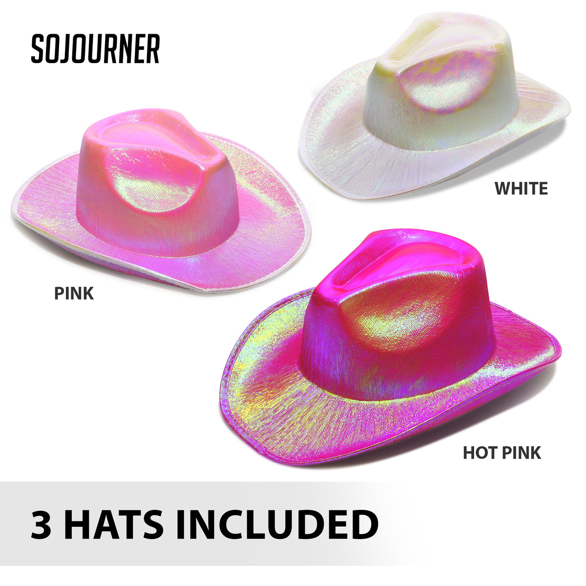 3 Pack Pink, Hot Pink, Silver Neon Sparkly Glitter Space Cowboy Hat - Fun Metallic Pink Holographic Halloween Party Disco Cowgirl Hat