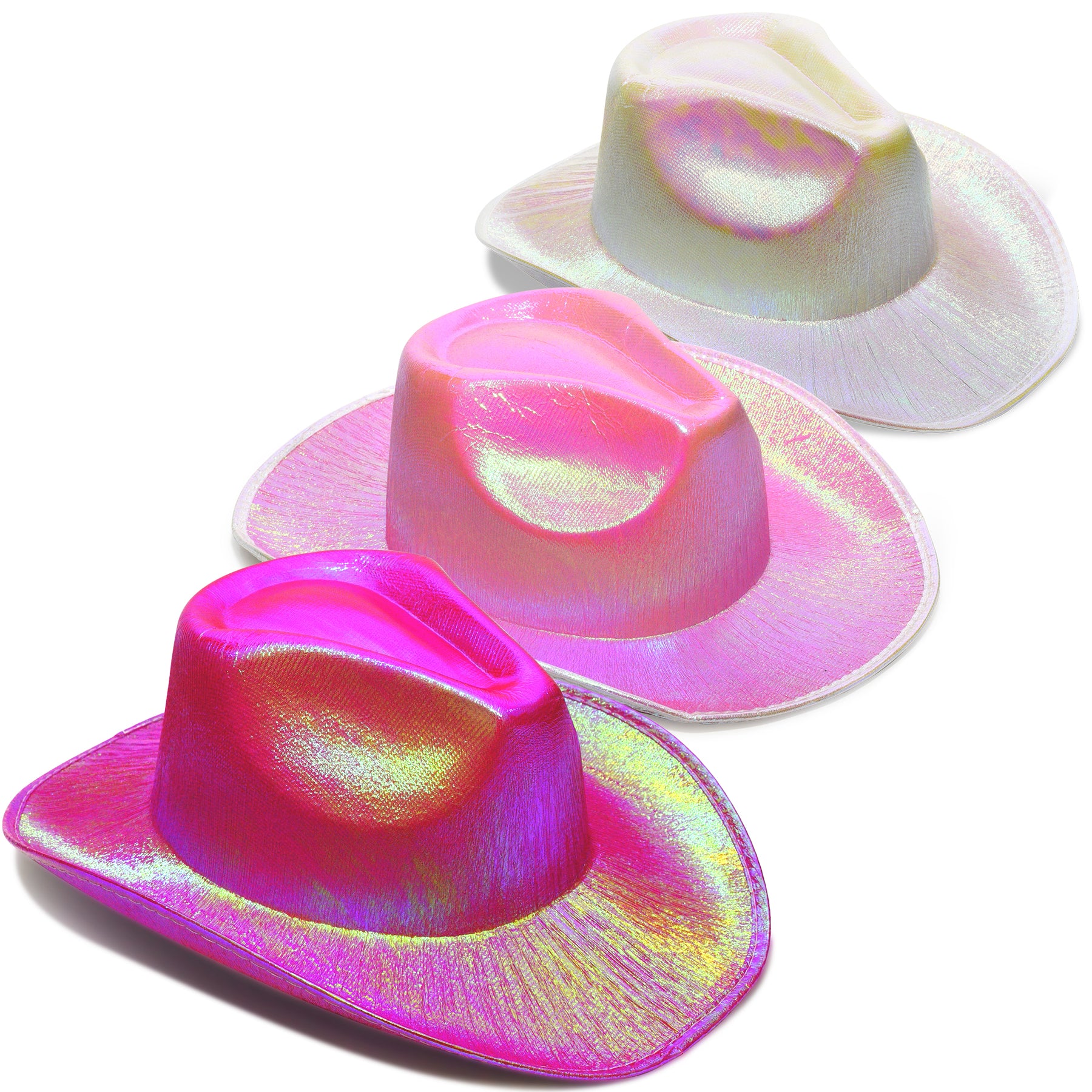3 Pack Pink, Hot Pink, Silver Neon Sparkly Glitter Space Cowboy Hat - Fun Metallic Pink Holographic Halloween Party Disco Cowgirl Hat